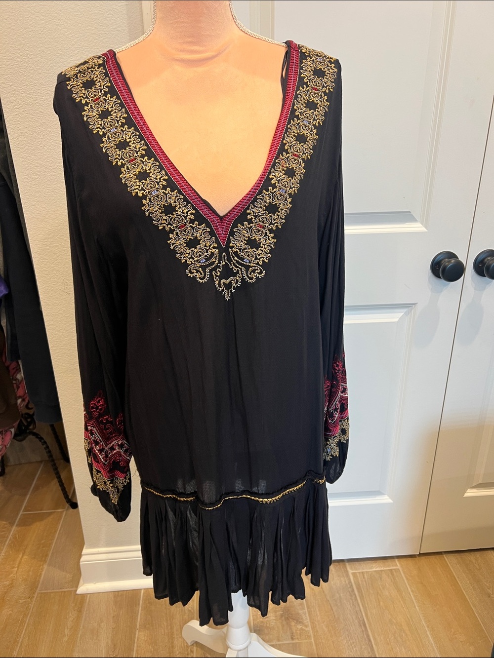 Free People Wild One Embellished Mini Dress in Black V-Neck Boho Chic Size M